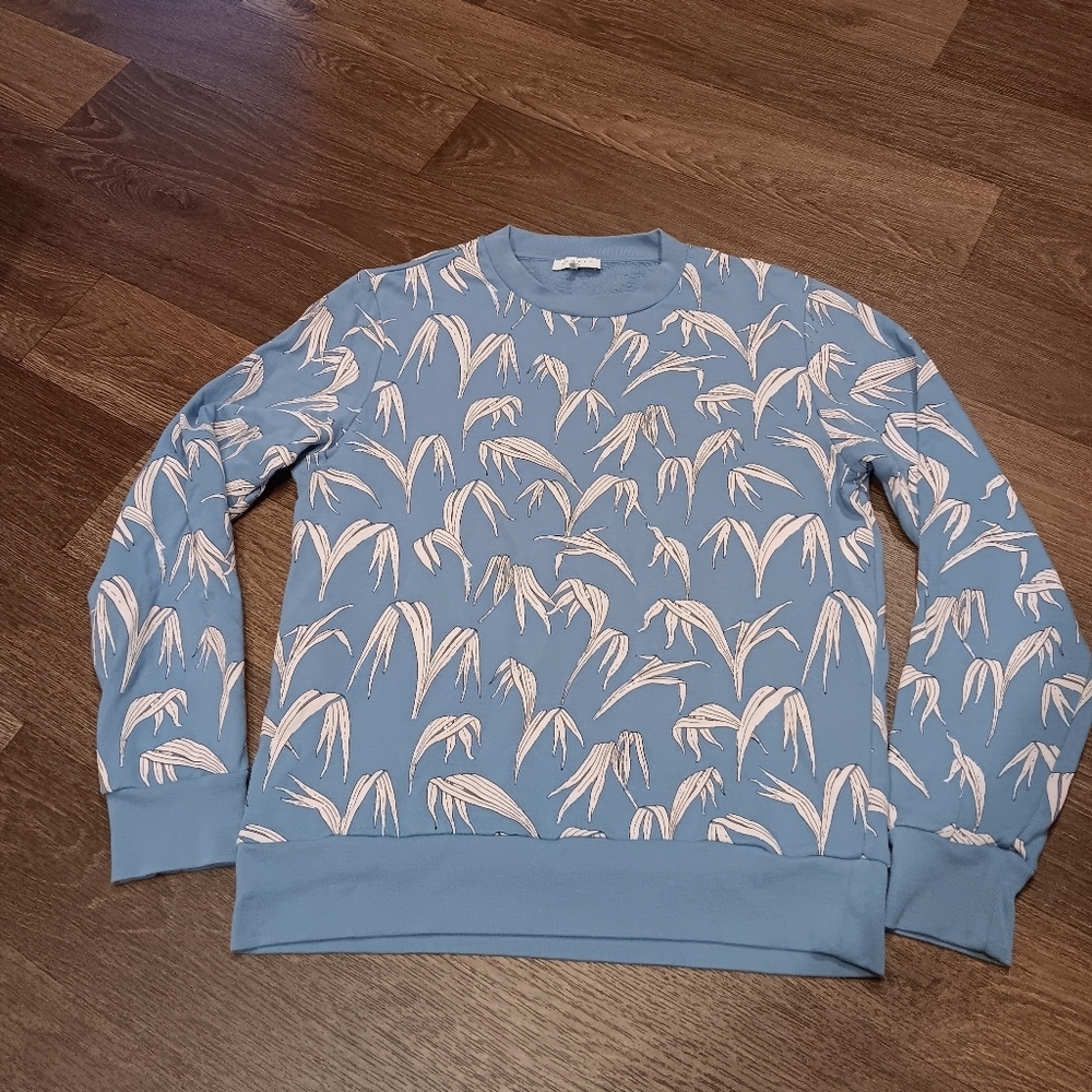 Sandro Blue Crewneck Sweater with Pale Pink Leaf Print Sz 1 Or S Unisex